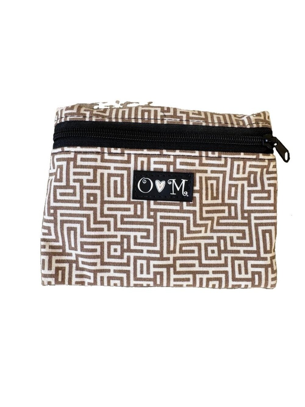 O Loves M Small Cosmetic Travel Bag Zipper Beige White Geometric Maze Print